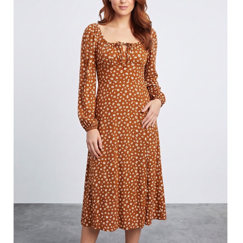 No Comment Floral Midi Dress S Rust Orange Cottagecore Boho Long Sleeve